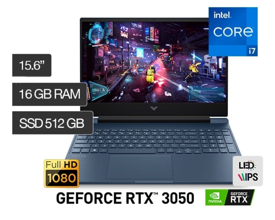 Gamer Hp Victus 15-FA0007LA, Core I7-12650H Hasta 4.7GHz, 16GB DDR4, 512GB NVMe, 15.6 FHD 144Hz IPS, Nvidia RTX 3050 4GB GDDR6, Webcam HD, WiFi, Bluetooth, Win11, Azul Intenso, Teclado Español